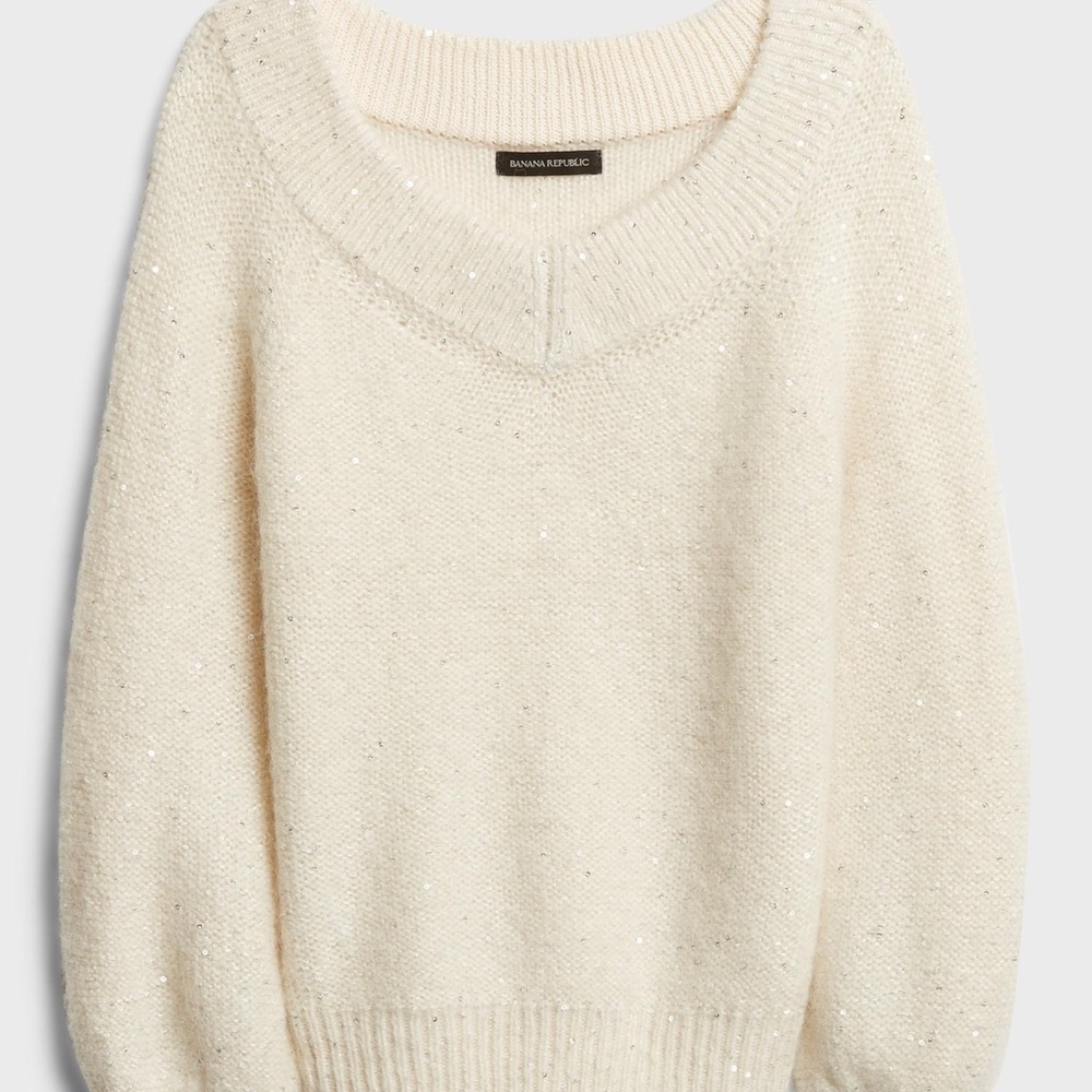 Banana Republic Ivory Sequined Wide V Neck XL